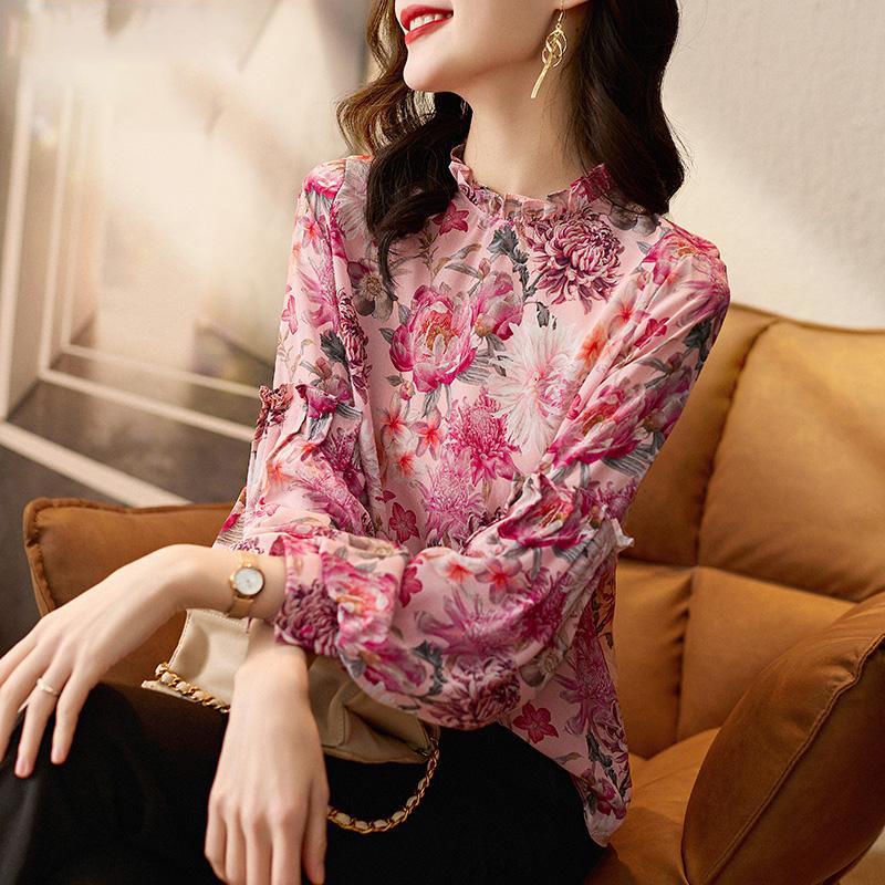 Áo Sơ Mi Chiffon Tay Dài Phồng Họa Tiết Hoa Phong Cách Thời Trang Hàn Quốc Mới