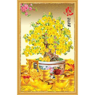 Tranh dán tường 3D VTC Chậu hoa mai chữ Hỷ trang trí tết MAI-001 kim sa
