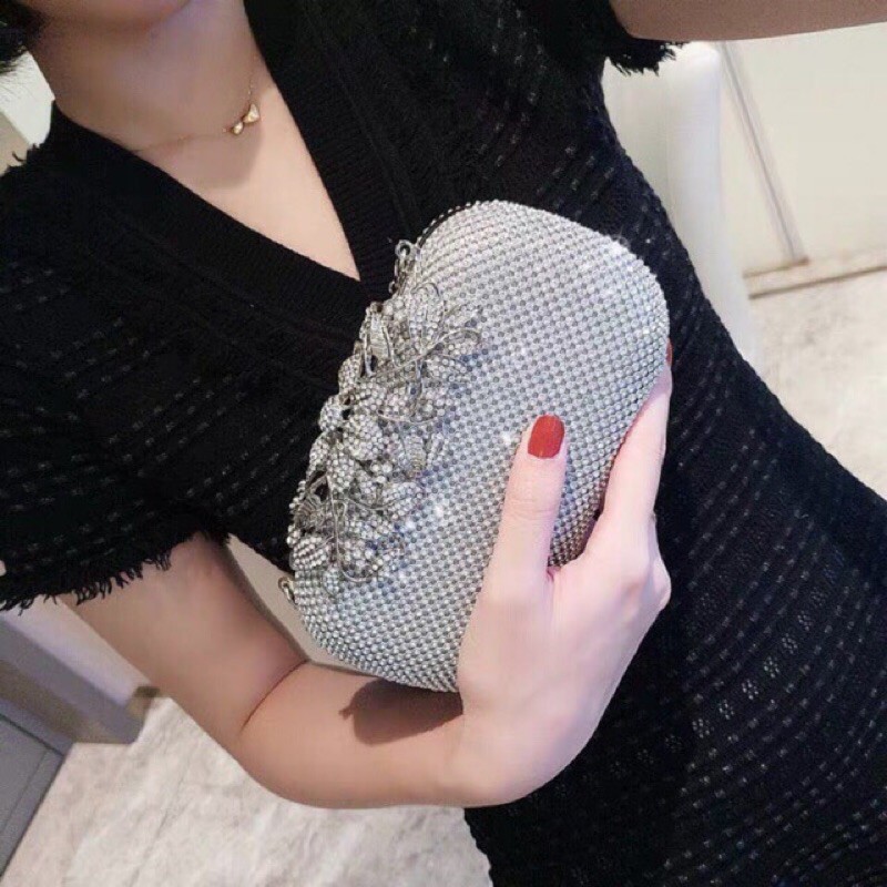 ví cầm tay khoá hoa đá- cốp đas- clutch hoa đi tiệc sang chảnh