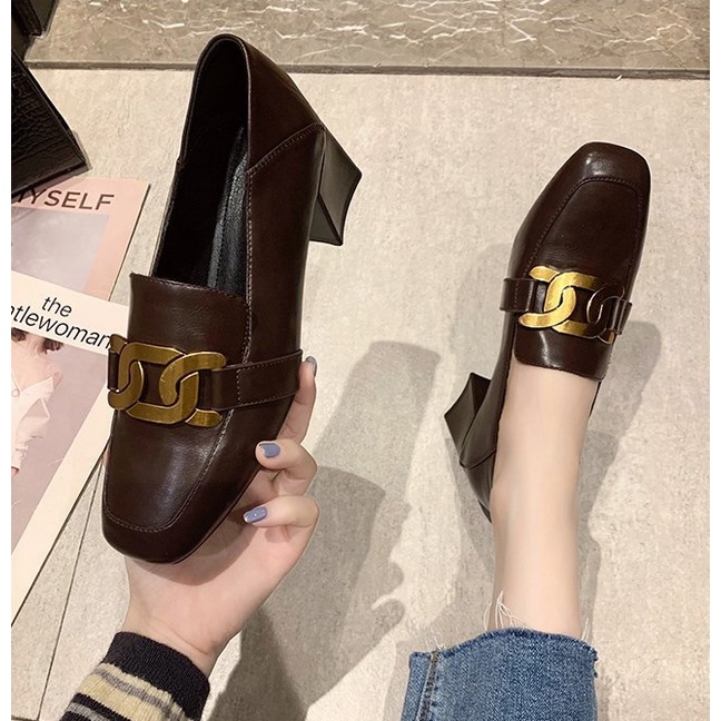 Giày Loafer công sở mũi vuông da mềm cao gót 5cm phối xích phong cách Hàn quốc
