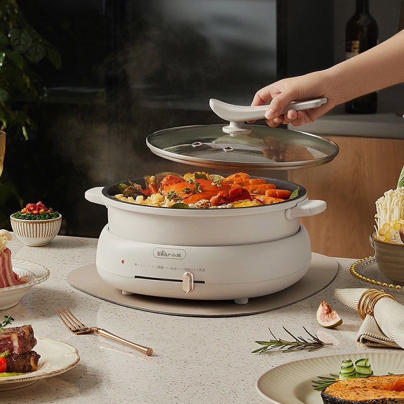 Nồi lẩu nướng điện tháo rời kèm khay hấp inox dung tích 4L 1500W BEAR DHG-C40W2 màu trắng BH 12 tháng