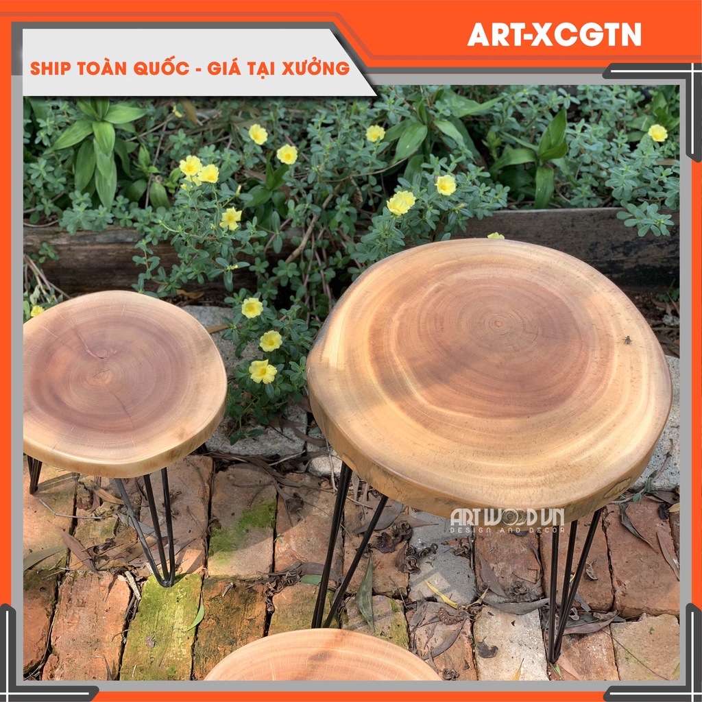 Bộ bàn ghế  cà phê , trà ARTWOODVN bằng gỗ xà cừ tự nhiên nguyên tấm ,ĐK bàn 40-44cm/cao 45cm,ĐK ghế 26-30cm/cao 33cm