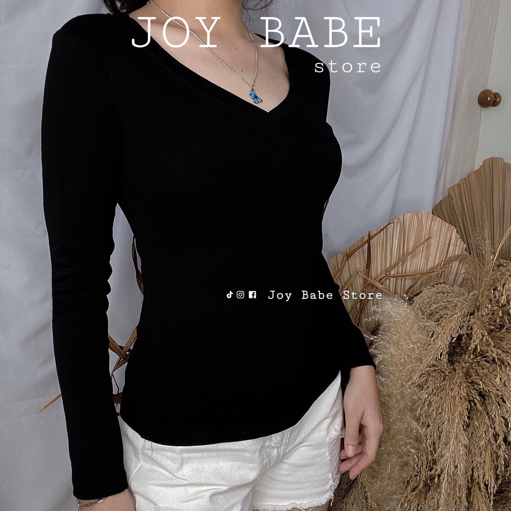 Áo thun tay dài nữ cổ tim 💛 JOY BABE 🍂 thun nhập ôm form tôn dáng, áo phông nữ dài tay cổ tròn trắng đen  ATOD 2 -3A