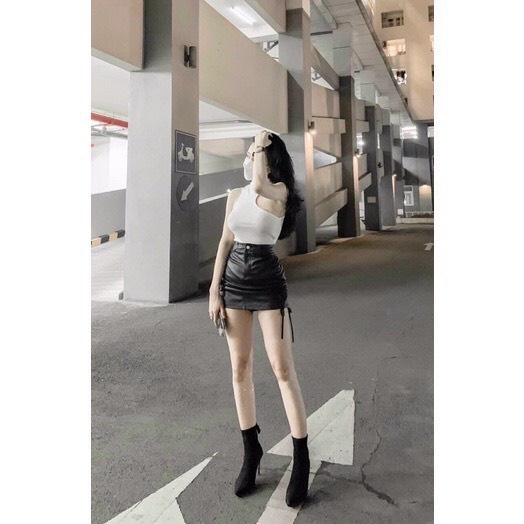 Chân váy da rút dây 2 bên lưng cao kèm lót trong from chữ A tôn dáng