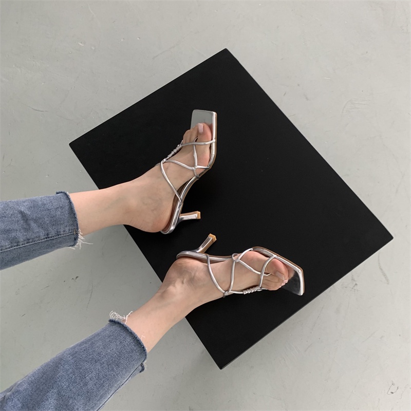 Giày cao gót phong cách Hàn Quốc thời trang mùa hè 2022 mũi vuông phối dây chéo mỏng dành cho nữ