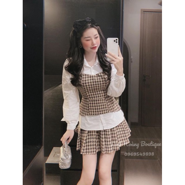 Set váy nữ dạ kẻ nâu áo sơ mi phối yếm dạ, chân váy xếp ly xinh xắn.Set đồ nữ thiết kế dễ thương, ấm áp.