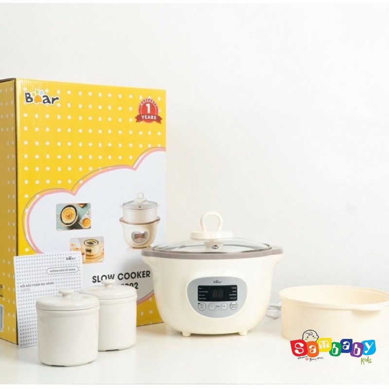 Nồi nấu cháo đa năng 4 in 1 BEAR 1.6L 3 thố 1 lồng hấp Bản Quốc Tế