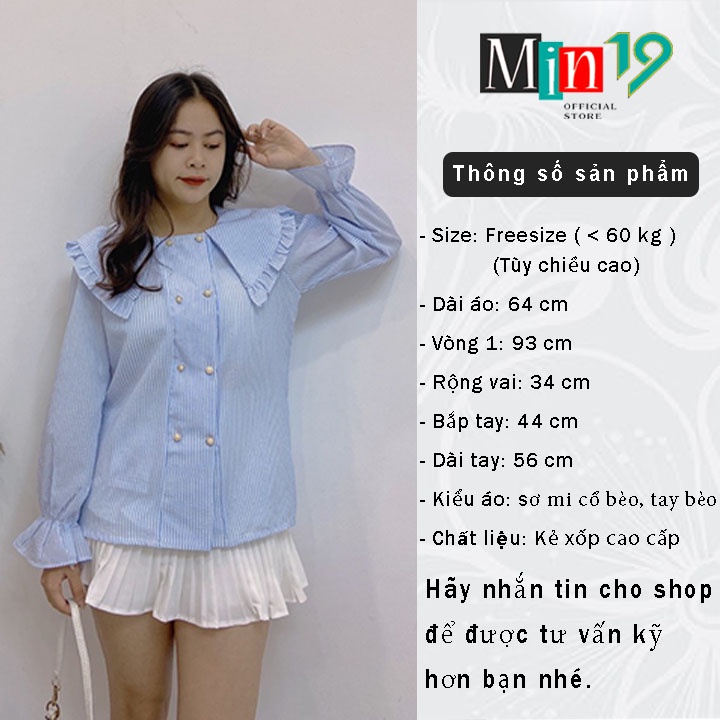 Sơ Mi Cổ Bèo MIN19 Áo Kiểu Nữ Hàn Quốc Tay Phồng Bánh Bèo Tiểu Thư Form Rộng Kẻ Tăm Cúc Ngọc Màu Xanh Thời Trang