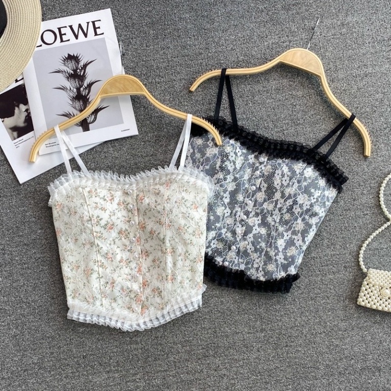 Áo 2 Dây Nữ Ren Hoa Tiểu Thư Đính Hạt Viền Bèo, Chun Sau Dáng Croptop Siêu Sang Chảnh Có Mút Ngực 1202 chất đẹp, thoáng