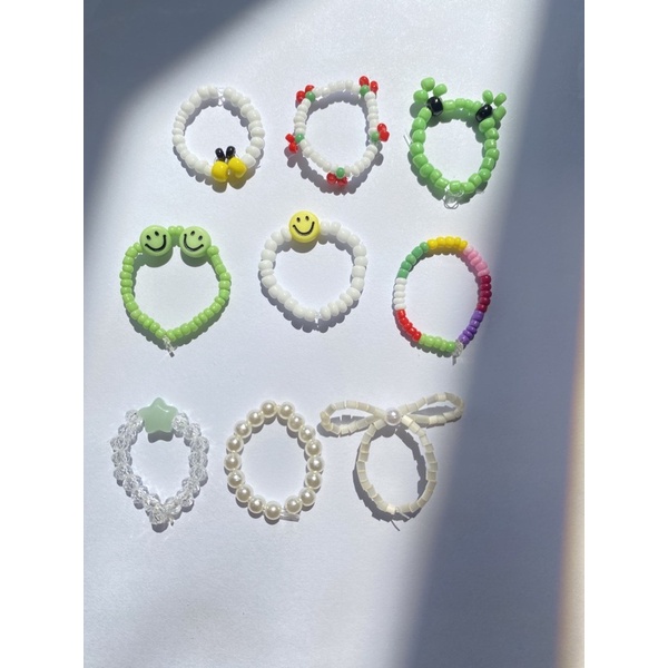 Nhẫn handmade hạt cườm cầu vòng, pastel hình nơ, cherry, con ếch, con ong