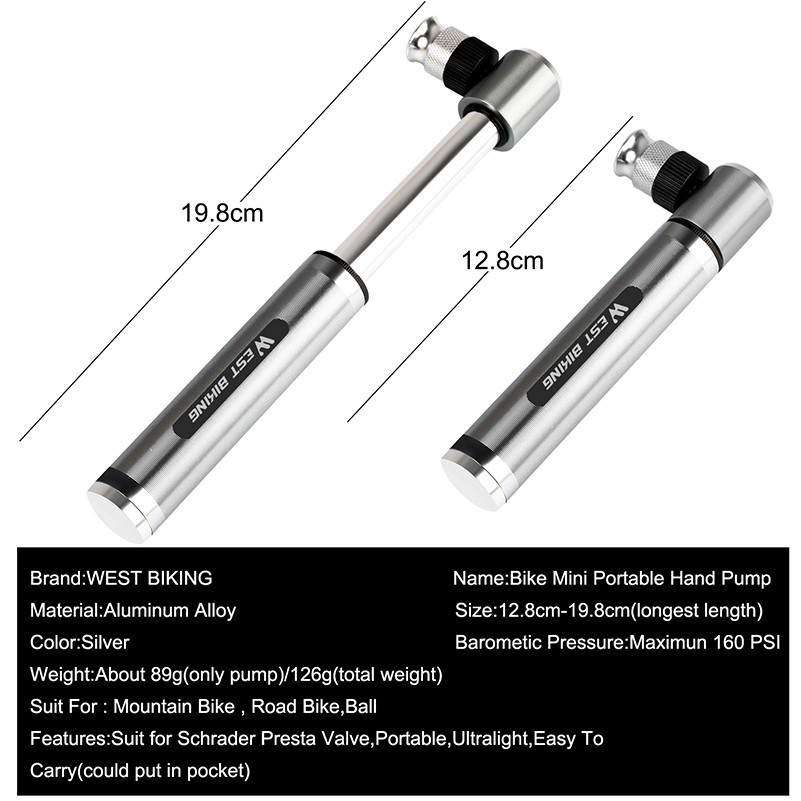 Máy bơm xe đạp WEST BIKING YP0711038 mini bằng hợp kim nhôm siêu nhẹ