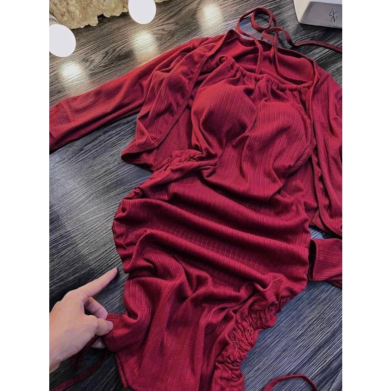 Set Đầm Body Yếm Cột Kèm Áo Khoác