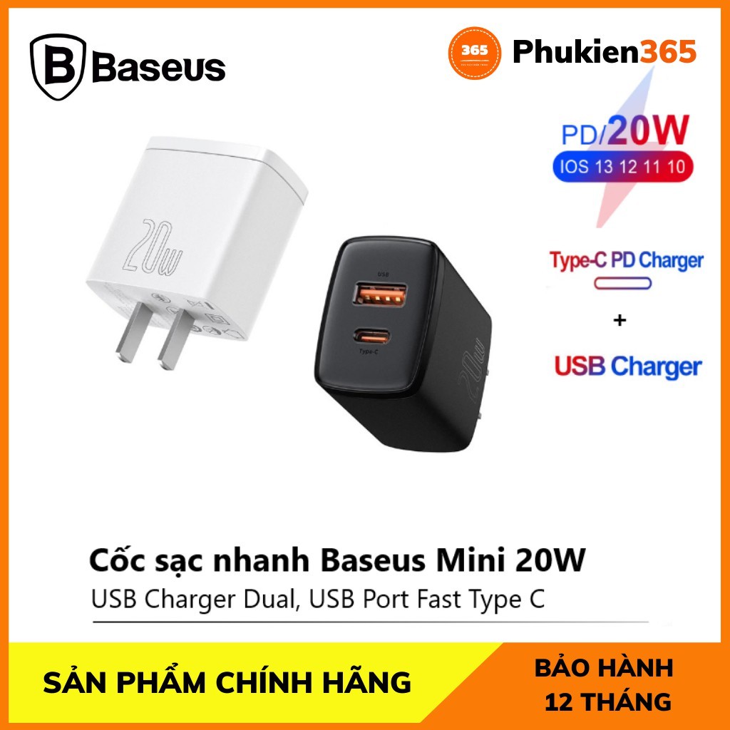 Củ sạc 20w iPhone Hỗ trợ sạc nhanh QC 3.0 Dùng cho các dòng IP, thiết bị Androi Chính Hãng Baseus