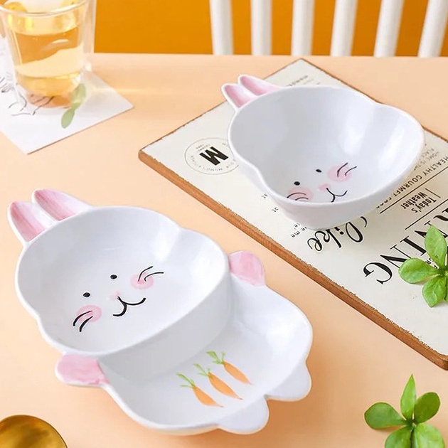 Đĩa Ăn Dặm Hình Thỏ Trắng Xinh Xắn Size To Chất Liệu Gốm Sứ Đựng Đồ Ăn Dặm Cho Bé YOOTA BABY
