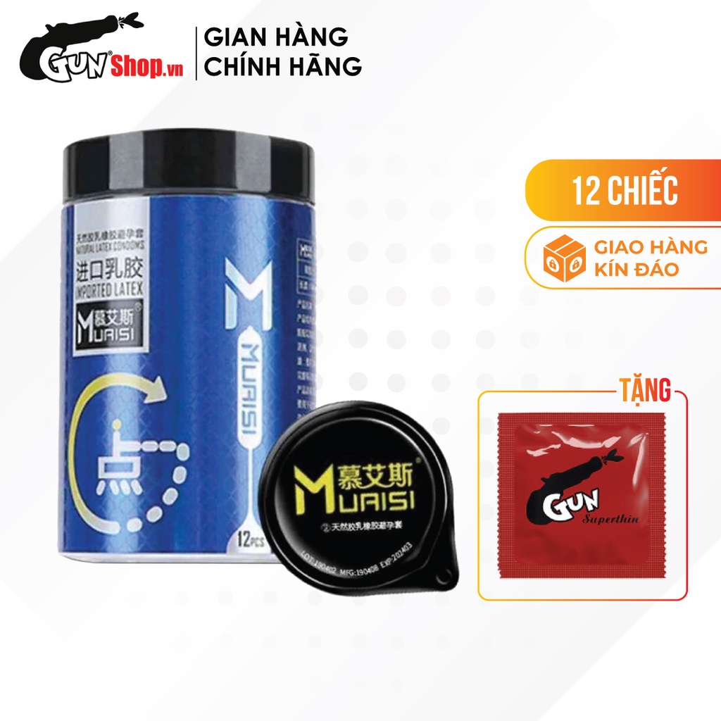 Bao cao su Muaisi Imported Latex Blue Có hạt hộp 12 cái kèm 1 chiếc BCS Gun Super Thin - 00107