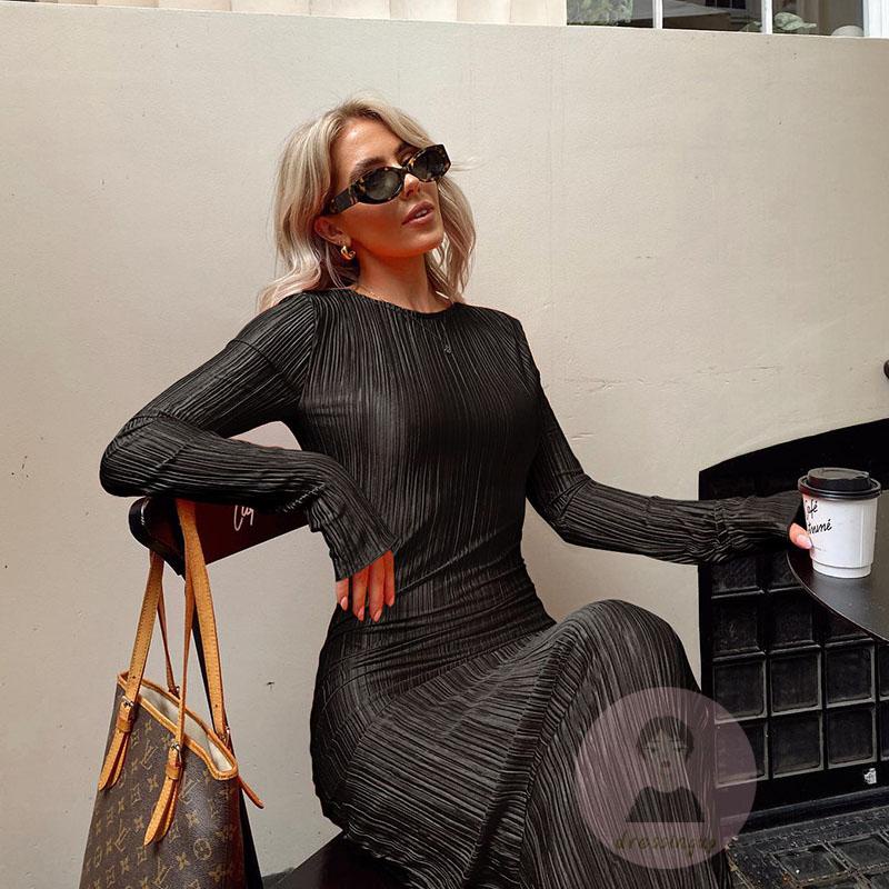 Đầm Tay Dài Cổ Tròn Màu Sắc Thanh Lịch Dành Cho Nữ