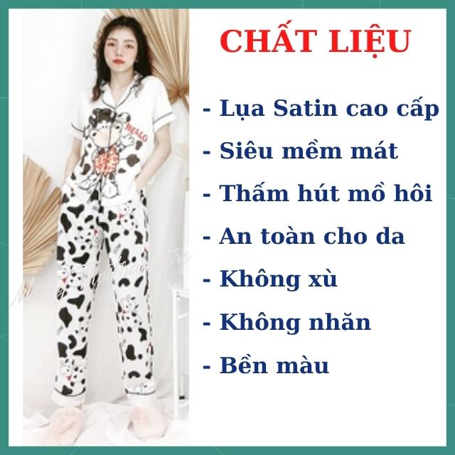 Đồ Bộ Ngủ Mặc Nhà Pijama Nữ Lụa Satin Cao Cấp Không Nhăn Họa Tiết Bò Sữa Tay Ngắn Quần Dài Vải Mềm Thấm Hút Mồ Hôi S M