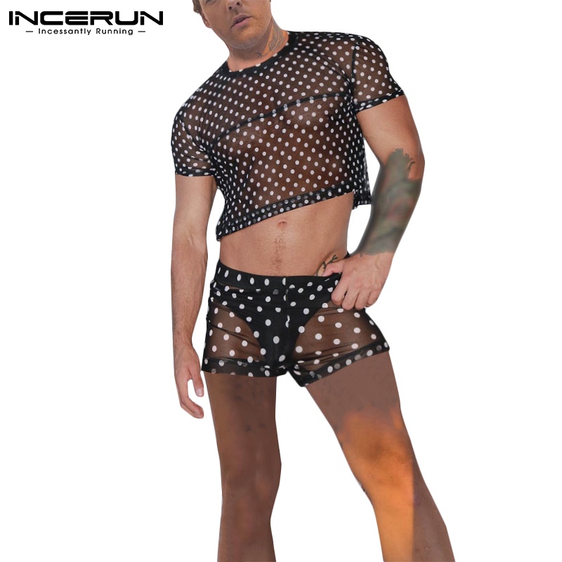 Set INCERUN gồm áo lửng tay ngắn và quần ngắn họa tiết chấm bi thời trang mùa hè cho nam