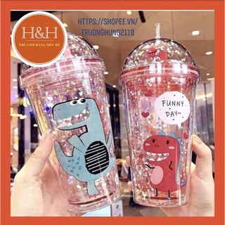 Ly giữ nhiệt Khủng long 3D kim tuyến nhiều màu sắc (kèm ống hút) 380ml dễ thương kute