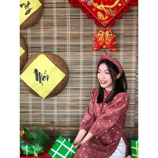 Áo dài hoa nhí hồng nâu đất nhung tăm