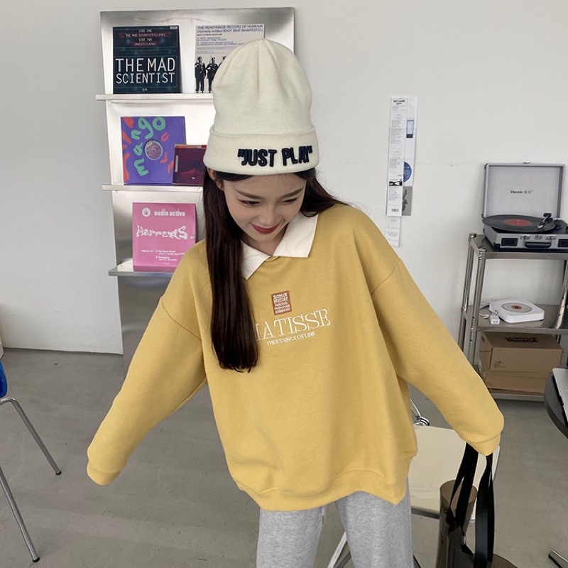 Áo sweater phối cổ polo dài tay form rộng freesize