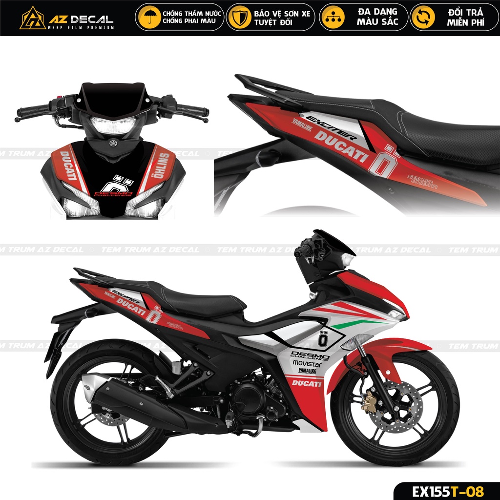Tem Trùm Xe Exciter 155 Phong Cách Ducati Cực Chất | EX155T-08 | Decal Dán Ex 155 Cam Đen, Đỏ Trắng, Xanh Trắng