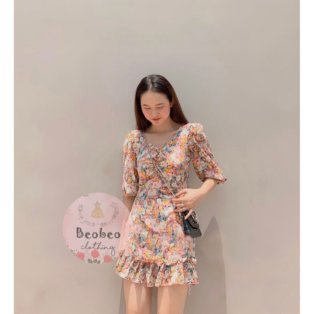 Đầm voan hoa chân bèo tay bo phồng thắt nơ vintage