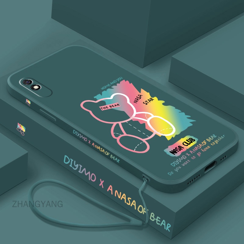 Ốp Điện Thoại TPU Silicon Thẳng Viền Thẳng Hình Gấu Có Dây Đeo Cho Redmi 9a 9c 9t