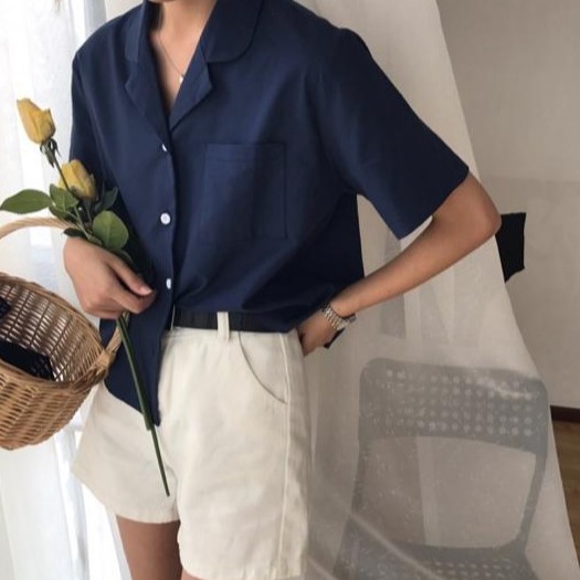 Áo Sơ Mi Tay Ngắn Cổ Bẻ Dáng Rộng Phong Cách Hàn Quốc Thời Trang Cho Nữ