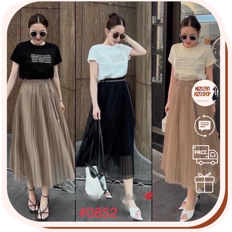 Chân váy voan ren trơn xòe dài cạp chun dáng midi công sở mặc đi làm đi chơi đẹp hàng Quảng Châu phong cách Hàn 0852