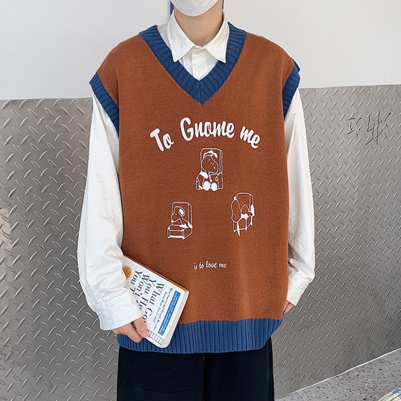 Áo sweater dệt kim không tay cổ chữ v dáng rộng phối màu tương phản cá tính thời trang cho nam