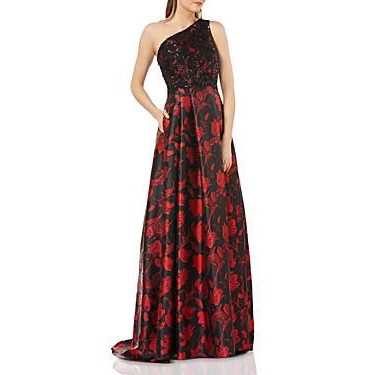 Đầm dạ hội Carmen Marc Valvo lệch vai form xòe đen in hoa đỏ sang trọng 661826 ( TH8881 )
