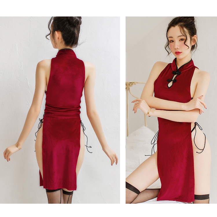 Váy Ngủ Sườn Xám Xẻ Tà Vải Nhung