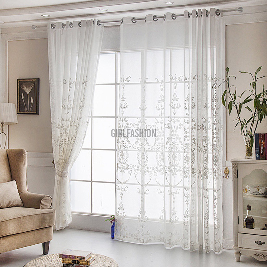 2Pcs Top Curtains 3D Screens Princess Tulle Curtains Luxury Embroidered White Sheer Curtain for Living Room Bedroom