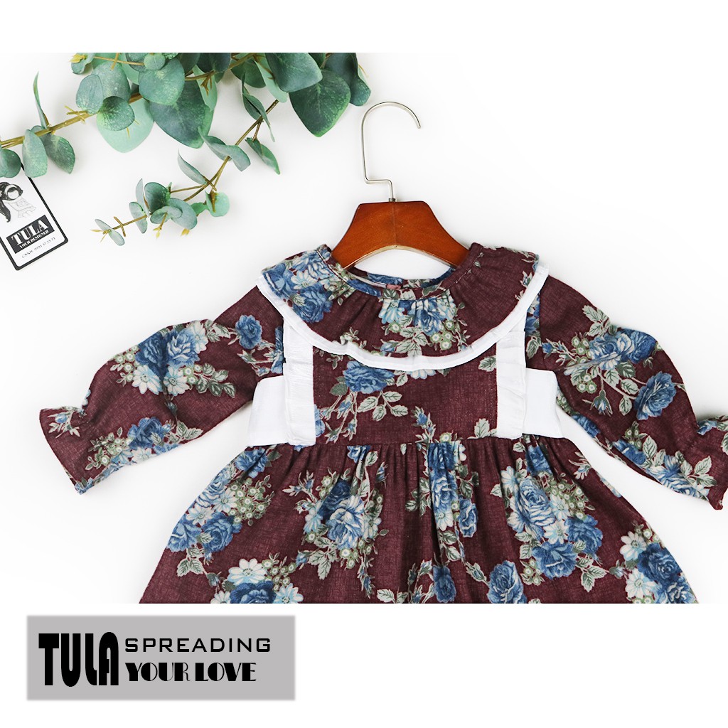 Váy Đầm Bé Gái Vải Thô Cào Bông Nhập Hàn Quốc Họa Tiết Chùm Hoa Xanh Nền Đô Đậm