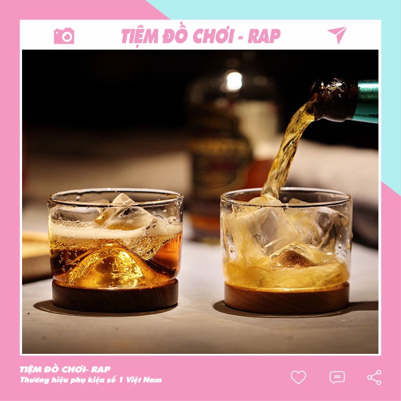 Cốc uống nước cafe hình ngọn núi bằng thủy tinh trong suốt đế gỗ cực chill trang trí góc làm việc Ráp