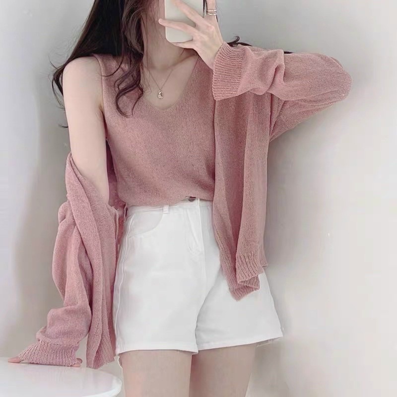 Set áo cặp áo len giấy cổ V sát nách, mix cùng cadigan trơn màu