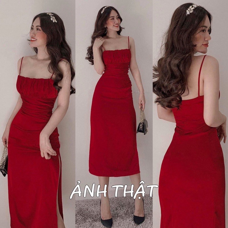 Đầm 2 dây phi nhíu ngực xẻ đùi 3 màu