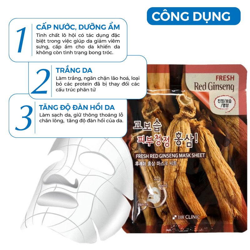 Combo 10 Túi Mặt nạ giấy nhâm sâm dưỡng trắng da dưỡng ẩm chiết xuất từ nhân sâm 3W Clinic Hàn Quốc 23mlx10