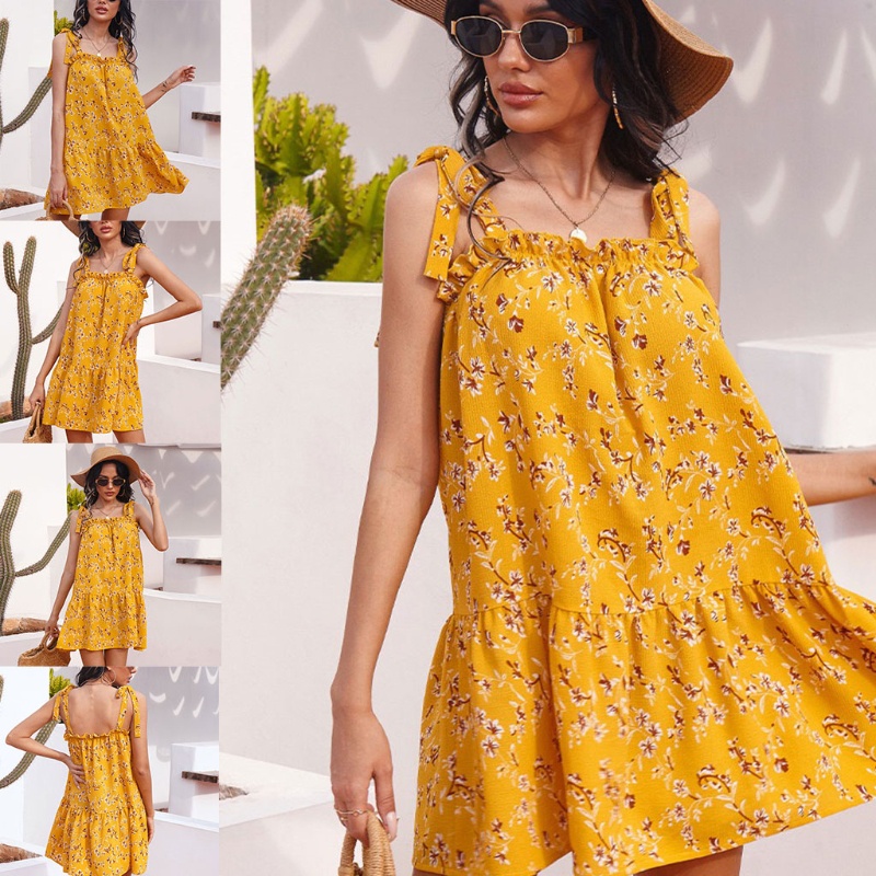 Đầm Mini Hai Dây Nhún Bèo In Họa Tiết Hoa Phong Cách Boho Màu Vàng Cho Nữ