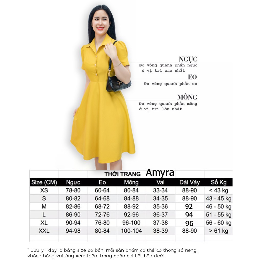 Đầm công sở thiết kế AMYRA Váy dáng Xòe Cổ Sơ Mi màu Vàng Trơn Nút chất liệu cotton lạnh Da032