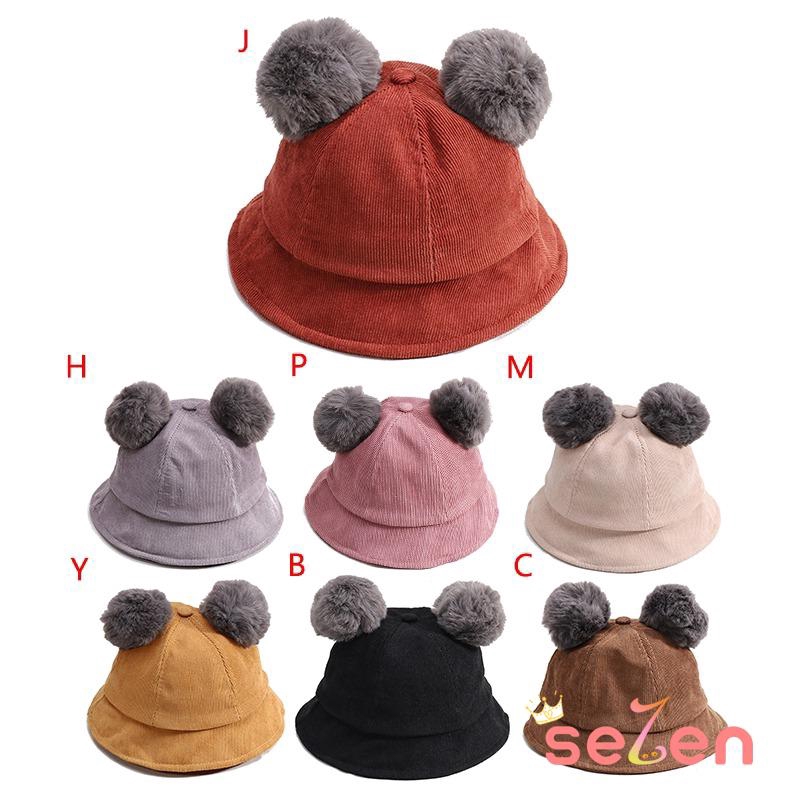 Nón vành tròn vải nhung sọc kẻ màu trơn đính quả bông xinh xắn cho bé