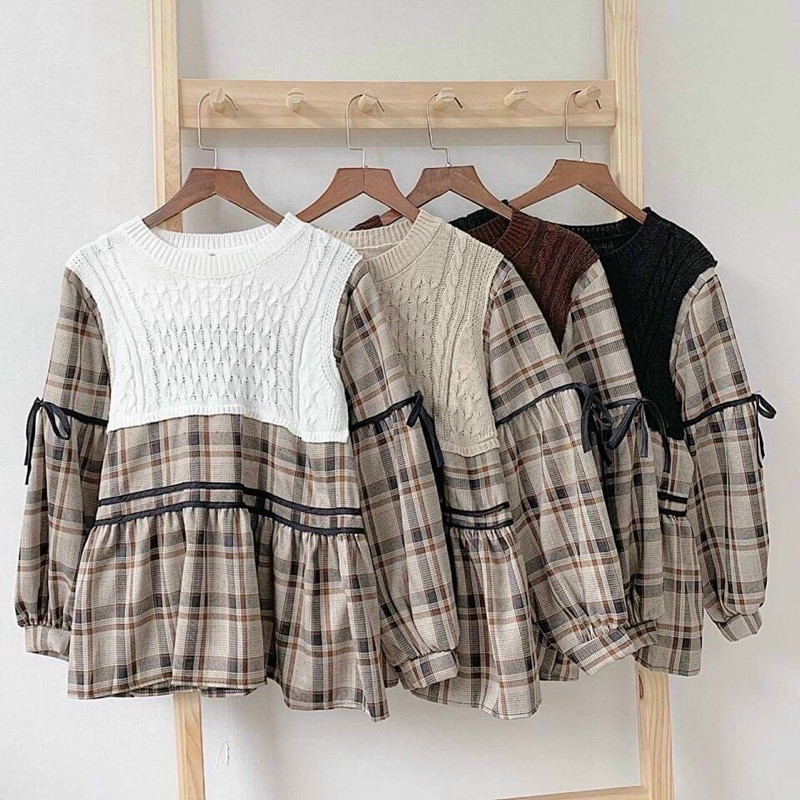 Áo babydoll kẻ nâu pha len trào lưu hot 2020