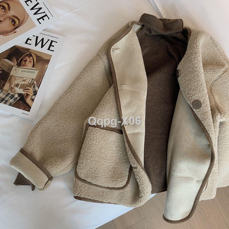 【Gửi hàng từ Trung Quốc】Áo khoác len cừu kaki cổ tròn phụ nữ thu đông 2021 phong cách mới Hàn Quốc áo len cừu nhỏ rời