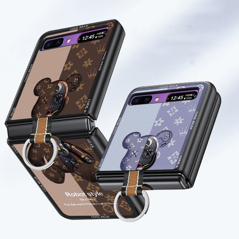 Ốp Điện Thoại Da Dạng Gập Tích Hợp Kính Chống Rơi Hình Gấu Thời Trang Cho Samsung Galaxy Z Flip 4 3 2 1