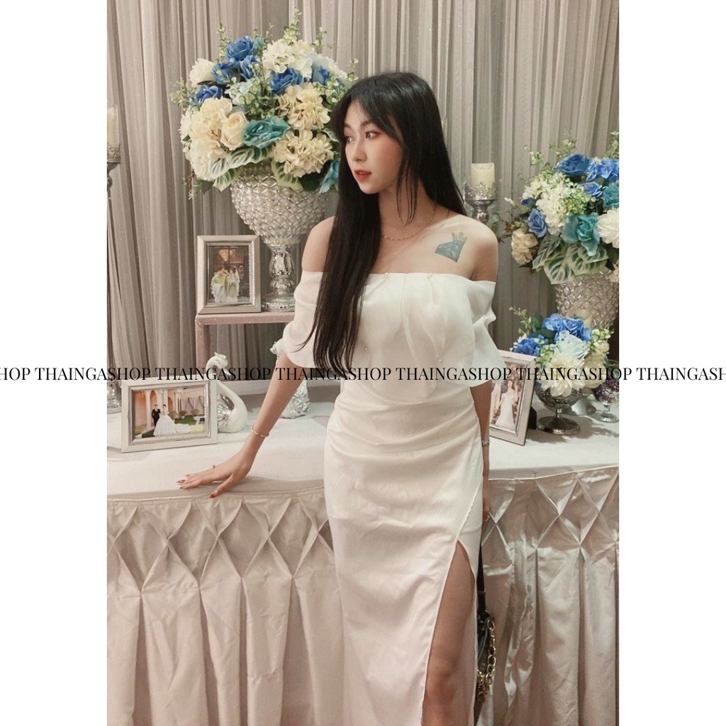 Đầm dự tiệc body trắng dáng dài xẻ tà trễ vai mặc đi tiệc Thaingashop D0438