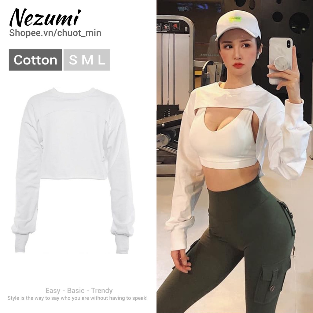 (Sẵn trắng, đen S M L) Áo hoodie croptop dài tay trơn hở ngực Lisa Rose Blackpink không kèm áo trong (dance, gym)