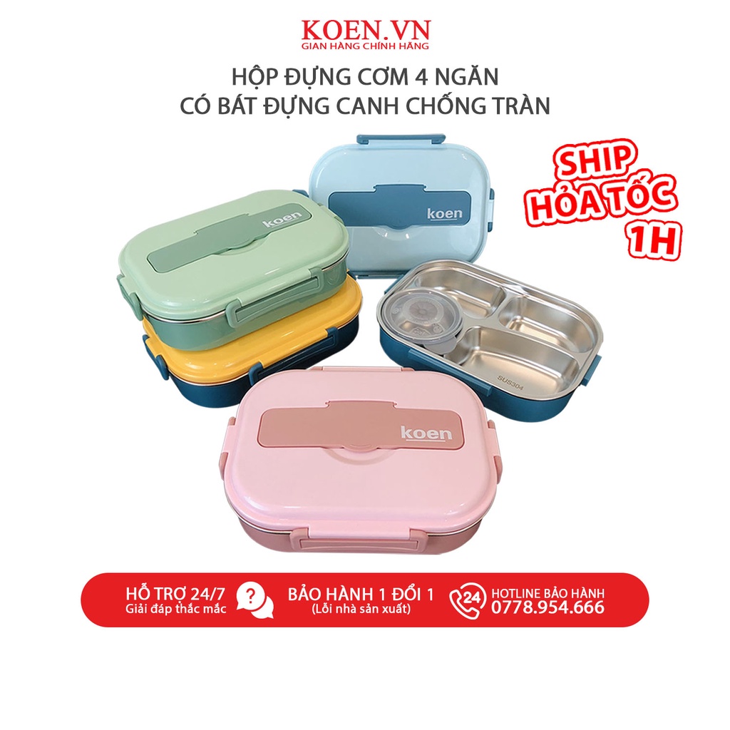 Hộp Cơm Văn Phòng Giữ Nhiệt KOEN 3 Ngăn Chất Liệu Inox 304 Có Bát Đựng Canh Chống Tràn Dùng Được Với Lò Vi Sóng