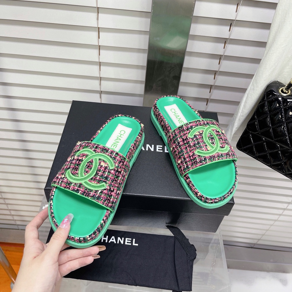 Dép nữ da thật thời trang cao cấp 𝘾𝙝𝙖𝙣𝙚𝙡 𝘾𝙝𝙖𝙣n𝙚𝙡 CN thiết kế dạ tweed, phong cách cá tính