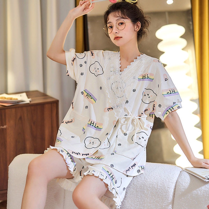 Bộ Đồ Ngủ Ngắn Tay Bằng Cotton Nguyên Chất Cao Cấp Thời Trang Mùa Hè Cho Nữ